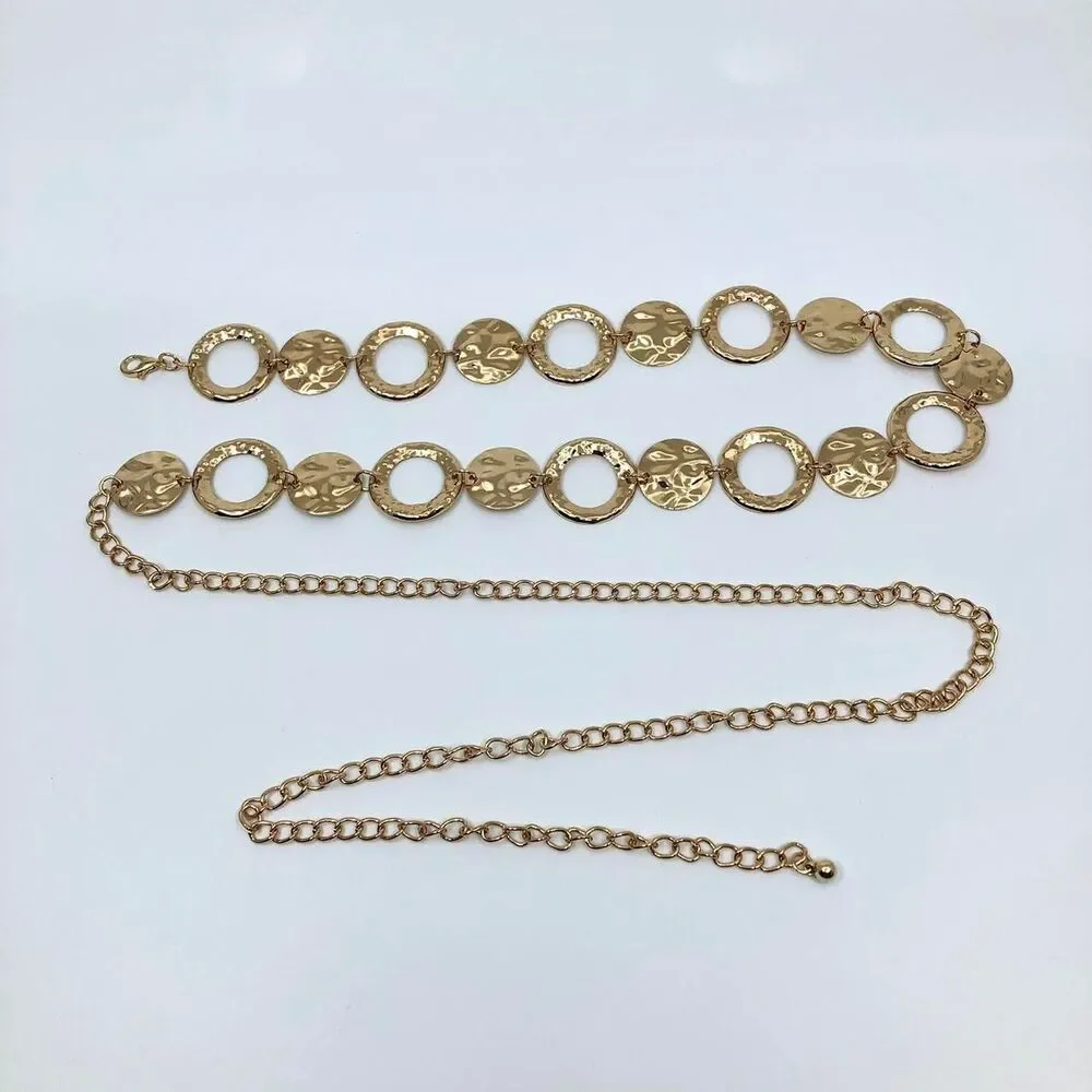Y2K Boho Gold Hammered Coin Circle Chain Belt, Fits 20-44 Inches, X7GA1152